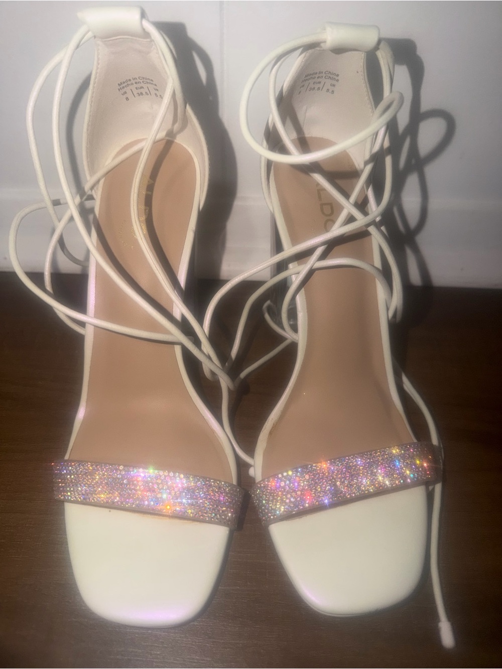 Aldo White Lace-Up Heels with Sparkling Iridescent Strap
